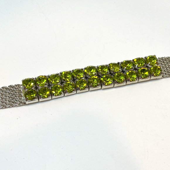 Green Rhinestones and Silver tone Mesh Bracelet Stretch Magnet Closure - Picture 5 of 9